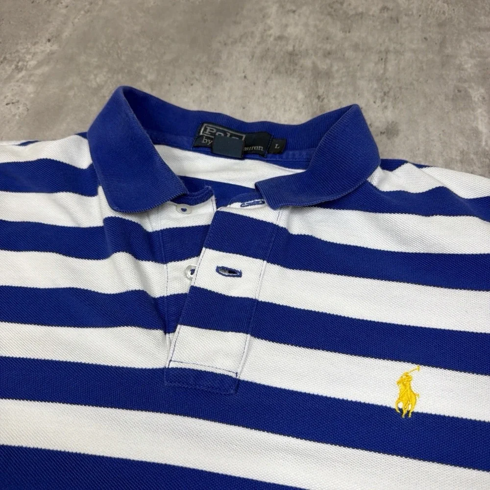 Vintage Polo Ralph Lauren Polo Shirt Mens L Blue Striped Short Sleeve Collared